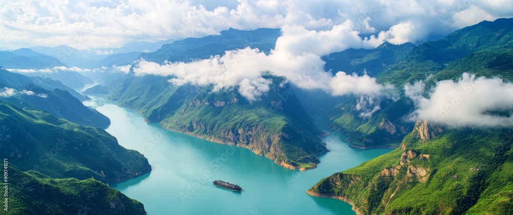 Aerial View of the Winding River in the Three Gorges, with White Clouds, Mist-Covered Mountains, and a Cruise Ship Floating Between Green Hillsides and Lush Forests Aerial View of the Winding River in the Three Gorges, with White Clouds, Mist-Covered Mountains, and a Cruise Ship Floating Between Green Hillsides and Lush Forests