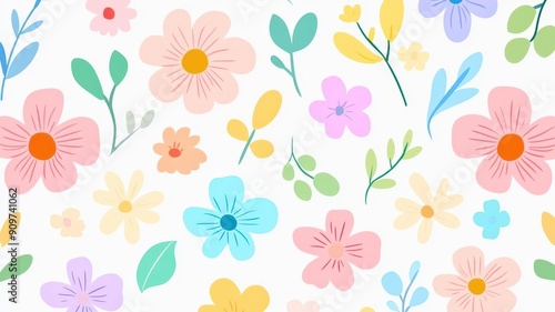 A vibrant floral pattern featuring colorful flowers and leaves, perfect for springtime designs and cheerful backgrounds.