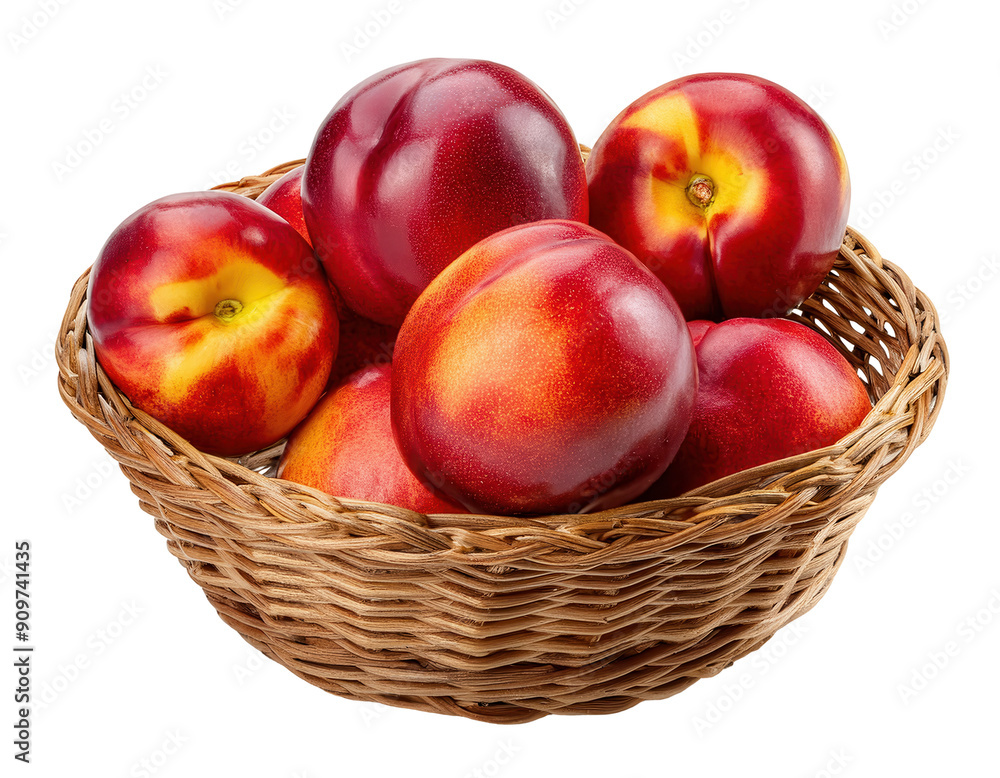 Fresh nectarines in a woven basket, highlighting their vibrant red and orange colors. Perfect for healthy eating and summer themes. Fresh nectarines in a woven basket, highlighting their vibrant red and orange colors. Perfect for healthy eating and summer themes.