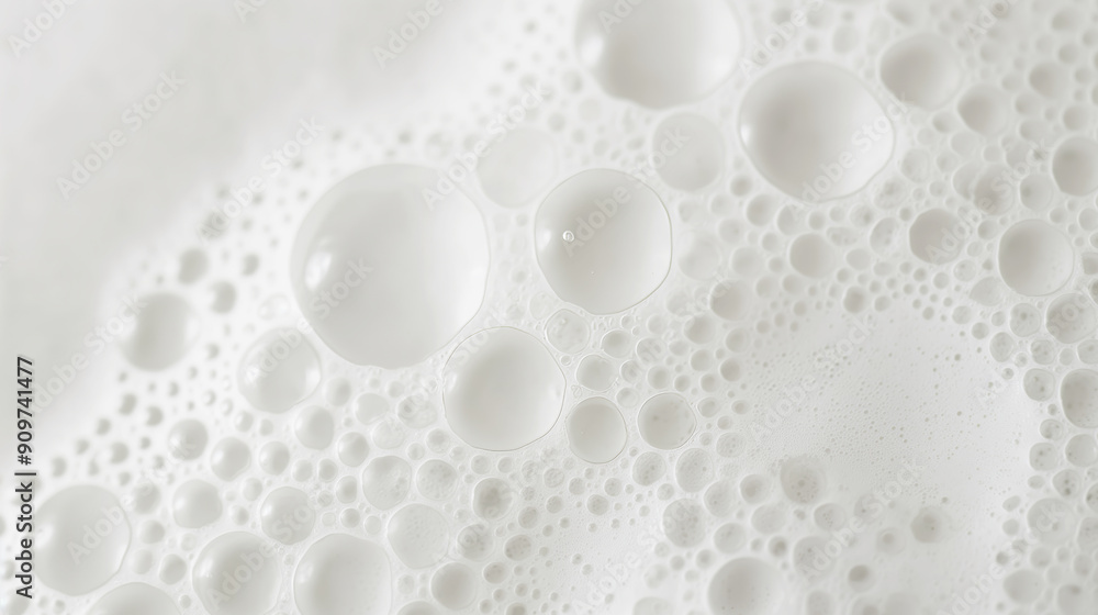 Close-up of foam bubbles on soapy water, macro photography of soap bubbles in white liquid, abstract texture, cleanliness concept Close-up of foam bubbles on soapy water, macro photography of soap bubbles in white liquid, abstract texture, cleanliness concept