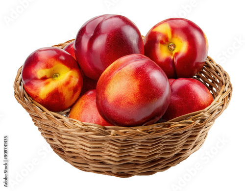 Fresh nectarines in a woven basket, highlighting their vibrant red and orange colors. Perfect for healthy eating and summer themes.