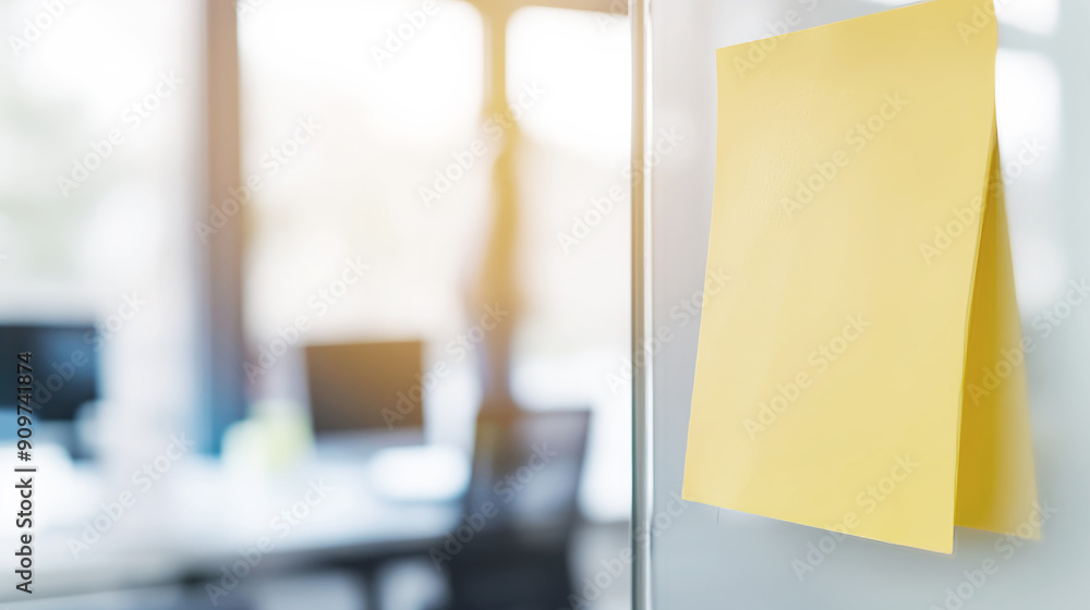 Sticky note on a glass surface in a modern office, workspace with yellow sticky note, office supplies concept Sticky note on a glass surface in a modern office, workspace with yellow sticky note, office supplies concept