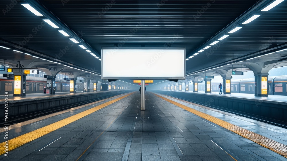 An empty advertising billboard stands at a train station in quiet early morning. Commercial mockup An empty advertising billboard stands at a train station in quiet early morning. Commercial mockup