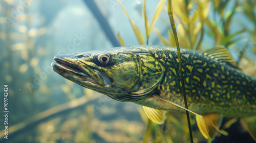 Northern pike in natural freshwater habitat, underwater scenery, aquatic life concept