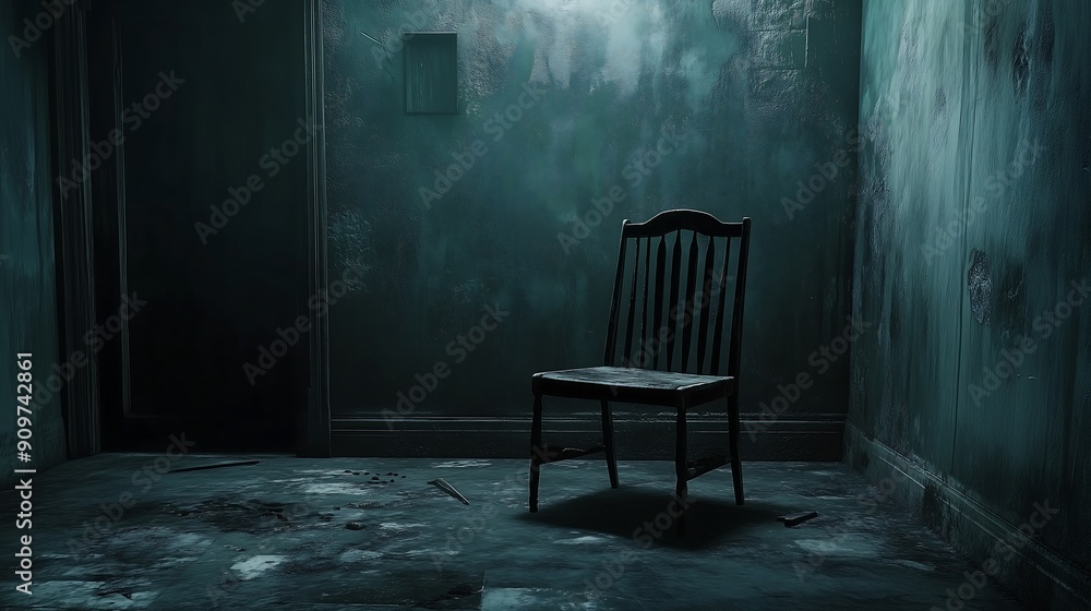 dark creepy room with single empty chair dark creepy room with single empty chair