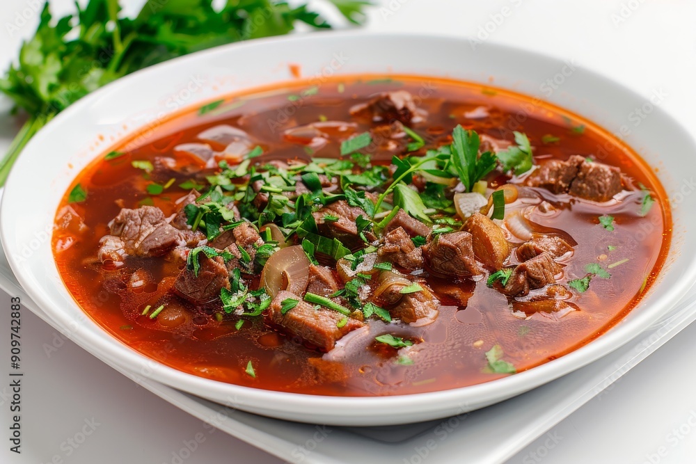 Traditional Ukrainian Borscht, Borsch with Thin Slices of Salted Lard on Black Bread, Sour Cream Traditional Ukrainian Borscht, Borsch with Thin Slices of Salted Lard on Black Bread, Sour Cream