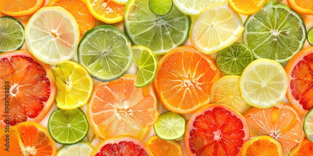 An artistic arrangement of sliced citrus fruits, including oranges, lemons, and limes, creating a bright and colorful pattern. An artistic arrangement of sliced citrus fruits, including oranges, lemons, and limes, creating a bright and colorful pattern.
