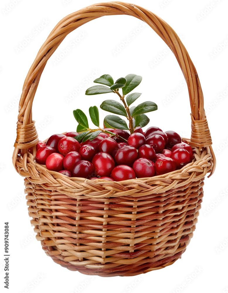 Wicker basket filled with fresh red cranberries and green leaves, isolated on transparent or white background, showcasing a healthy fruit harvest. Wicker basket filled with fresh red cranberries and green leaves, isolated on transparent or white background, showcasing a healthy fruit harvest.
