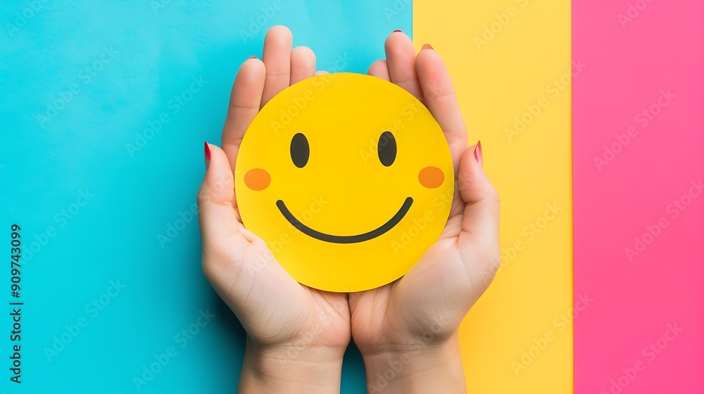 Hands holding smiley yellow paper face isolated on colorful background