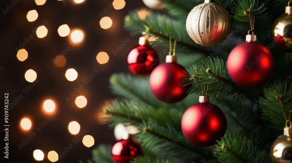 A beautifully decorated Christmas tree adorned with red ornaments and sparkling lights, A beautifully decorated Christmas tree adorned with red ornaments and sparkling lights,