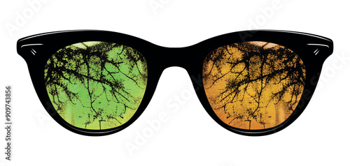 Horror spooky yellow eye glasses vector clipart illustration - creative reflection spectacles clip art - night glasses - tree pattern sunglasses 
