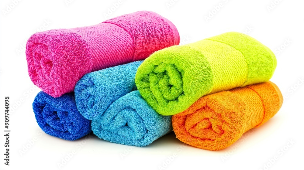 A stack of towels with different colors and patterns. The towels are arranged in a neat pile, with the green towel on top and the blue towel on the bottom. The towels are vibrant and eye-catching A stack of towels with different colors and patterns. The towels are arranged in a neat pile, with the green towel on top and the blue towel on the bottom. The towels are vibrant and eye-catching