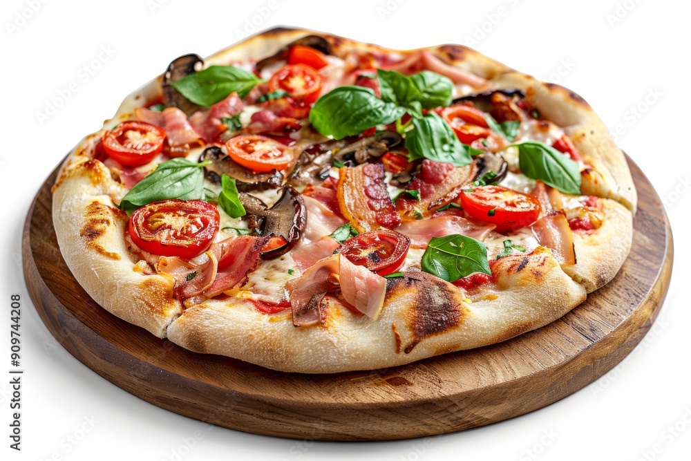 Canadian Pizza or Regina with Bacon, Tomatoes, Boletus Mushrooms, Fresh Basil, Tomato Sauce Canadian Pizza or Regina with Bacon, Tomatoes, Boletus Mushrooms, Fresh Basil, Tomato Sauce