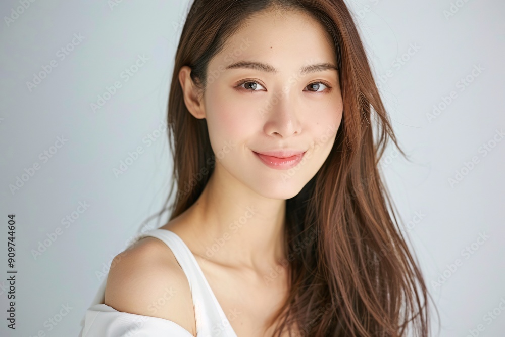 Young pretty woman with smile facial features looks in front of her on a solid color background, half body photo, copy space for text Young pretty woman with smile facial features looks in front of her on a solid color background, half body photo, copy space for text