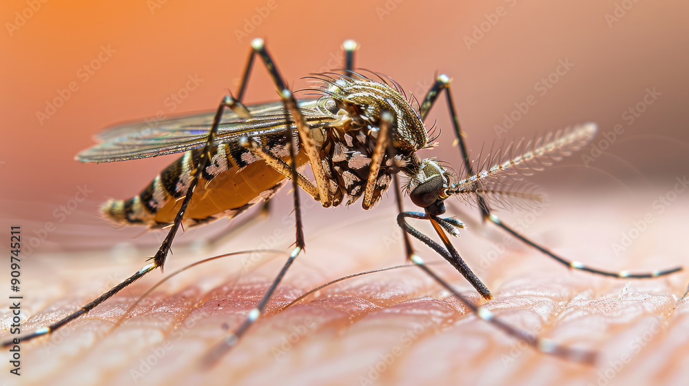 macro close-up of a mosquito bug on the surface of human skin and sucking blood macro close-up of a mosquito bug on the surface of human skin and sucking blood