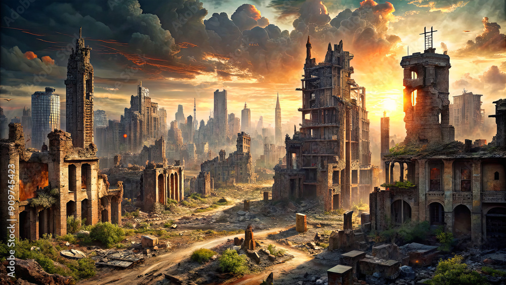 Naklejka premium A devastated city skyline shows crumbling buildings and overgrown vegetation as the sun sets behind the ruins, reflecting a time of turmoil and conflict