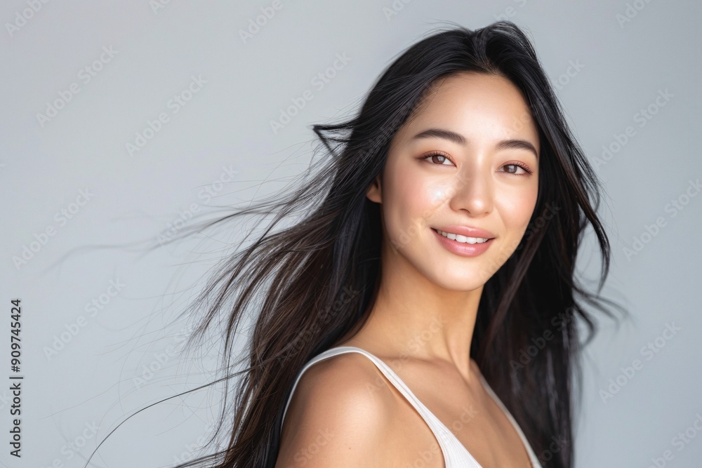 Young pretty woman with smile facial features looks in front of her on a solid color background, half body photo, copy space for text Young pretty woman with smile facial features looks in front of her on a solid color background, half body photo, copy space for text