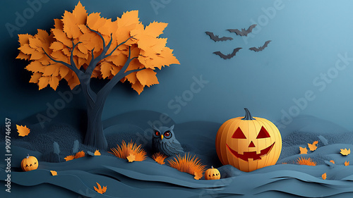 Jack O Lantern with papercut tree, owl, 3D vector Halloween banner, spooky night background photo