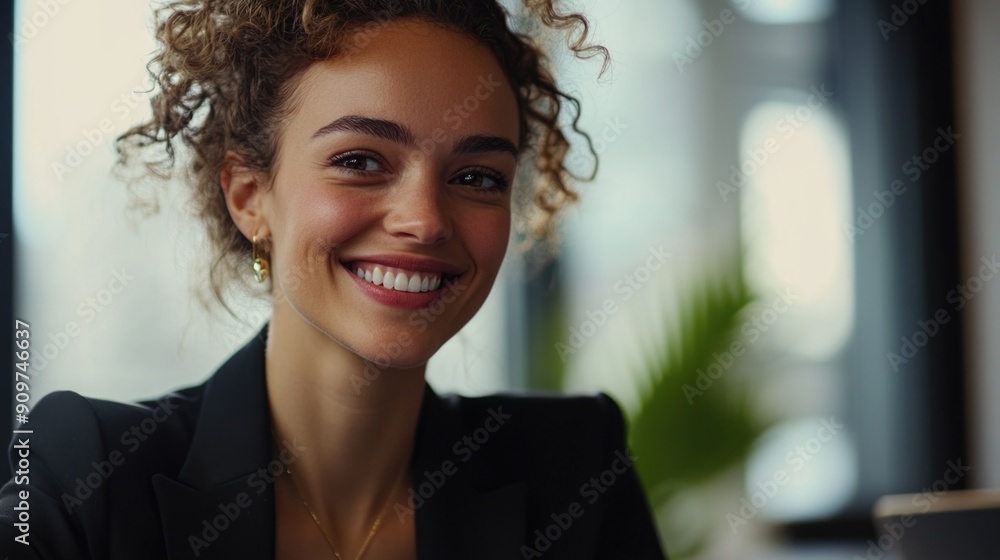 Obraz premium A happy woman with curly hair smiling directly at the camera