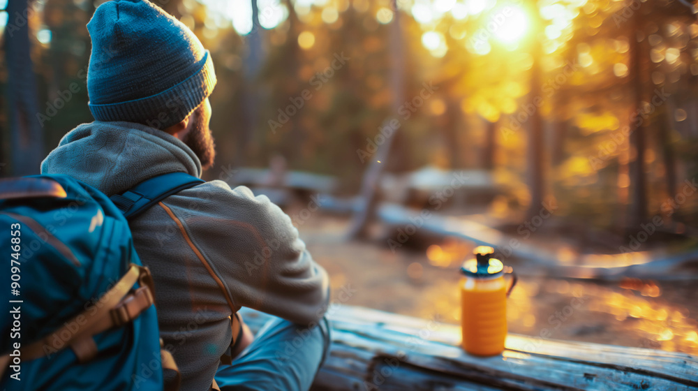 Man Watching Sunset in Forest Camping Scene Man Watching Sunset in Forest Camping Scene