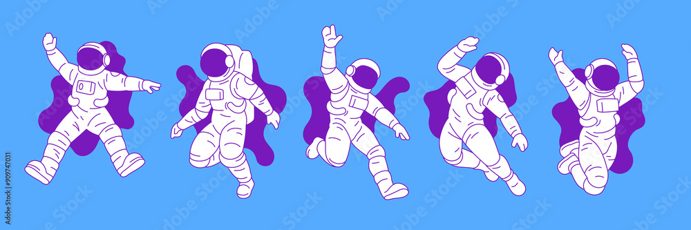 Fotografie Y2k astronaut in open space outline vector illustrations set