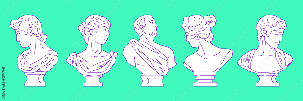 Y2k Greek busts sculptures in surreal head poses contemporary pop art vector illustrations set. Antique historical god goddess monuments elements for sticker, print and t-shirt design Y2k Greek busts sculptures in surreal head poses contemporary pop art vector illustrations set. Antique historical god goddess monuments elements for sticker, print and t-shirt design