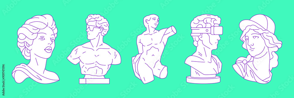 Y2k antique Greek statues fashion science fiction surreal concepts pop art style vector illustrations set. Historical monuments goddess elements for sticker, print and t-shirt design Y2k antique Greek statues fashion science fiction surreal concepts pop art style vector illustrations set. Historical monuments goddess elements for sticker, print and t-shirt design