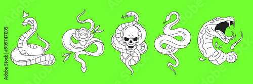 Y2k psychedelic snake with skull flower crown neo gothic outline vector illustrations set. Surreal horror vipers elements for stickers, prints and t-shirt designs