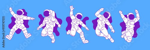 Y2k astronaut in open space outline vector illustrations set. Cosmonauts in spacesuit futuristic galaxy exploration elements for stickers, prints and t-shirt designs