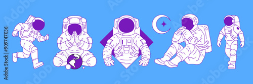 Y2k futuristic astronauts in spacesuit contemporary pop art vector illustrations set. Science fiction cosmonauts elements for sticker, print and t-shirt design