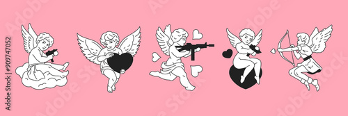 Y2k cute baby boys angels psychedelic Cupid contemporary pop art vector illustrations set. Heaven love heart glamour girlish characters elements for sticker, print and t-shirt design