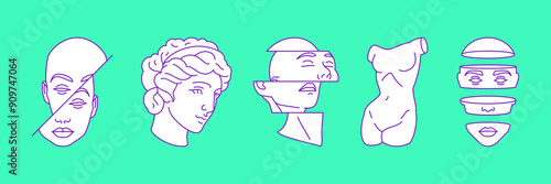 Y2k antique sculptures section digital person contemporary pop art vector illustrations set. Greek body head monuments futuristic imagination surreal elements for sticker, print and t-shirt design