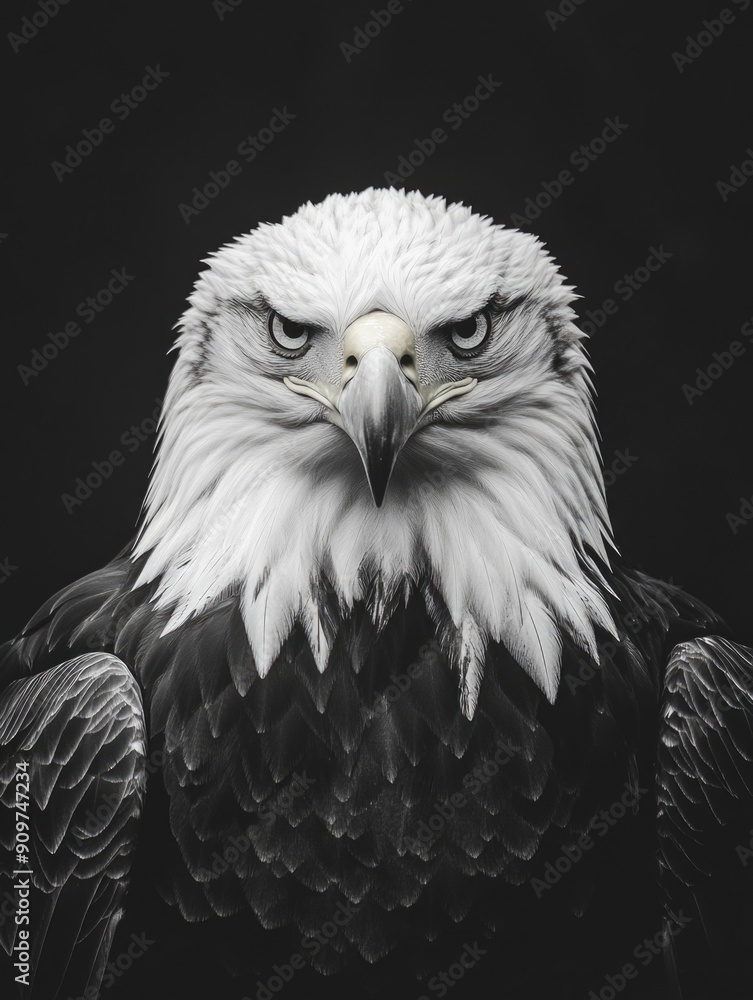 Fototapeta premium A close-up shot of a bald eagle's head and neck, in black and white