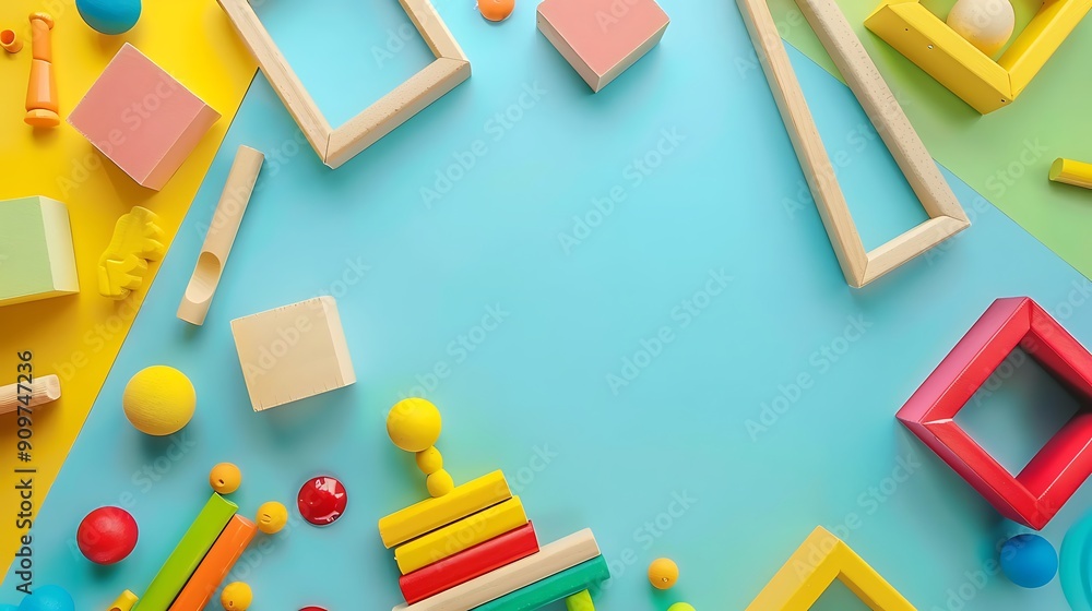 Kids educational developing toys frame isolated on colorful background Kids educational developing toys frame isolated on colorful background