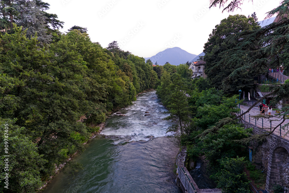 High angle view of Passer River at gorge of Italian City of Meran on a sunny summer day. Photo taken July 18th, 2024, Merano Meran, Italy. High angle view of Passer River at gorge of Italian City of Meran on a sunny summer day. Photo taken July 18th, 2024, Merano Meran, Italy.