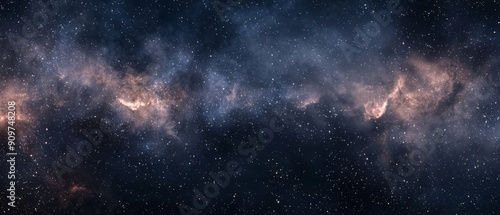 Overlay of galaxy star fields and clouds, on black background, Generative AI