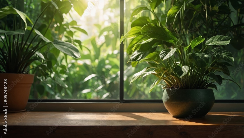 wood table green wall background with sunlight window create leaf shadow on wall with blur indoor green plant foreground panoramic banner mockup for display of product. wood table green wall background with sunlight window create leaf shadow on wall with blur indoor green plant foreground panoramic banner mockup for display of product.