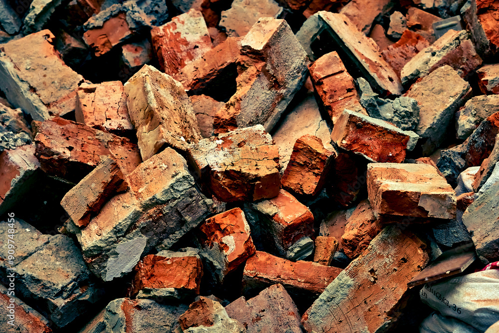 A pile of red brick fragments left after the destruction.After the disaster A pile of red brick fragments left after the destruction.After the disaster