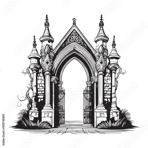 Dark gothic cemetery entrance with vines and creepers entwined