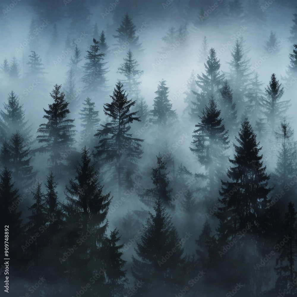 Misty foggy forest, fir mountains, natural mist landscape, dark woods view, mystery clouds on pine trees Misty foggy forest, fir mountains, natural mist landscape, dark woods view, mystery clouds on pine trees
