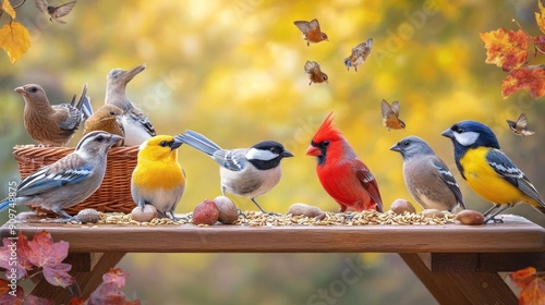 Colorful birds feeding on a wooden platform in autumn. photo