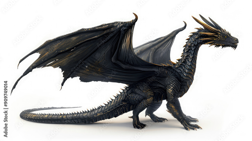 Full body black dragon with open wings on white background Full body black dragon with open wings on white background