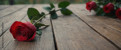 Red roses bouquet put on wooden table for valentine's day.