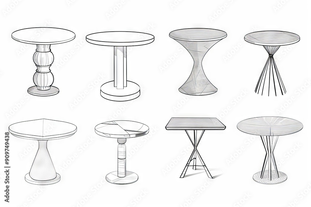 Tables sketched set, different line drawing desks, square and round tables, furniture doodles Tables sketched set, different line drawing desks, square and round tables, furniture doodles