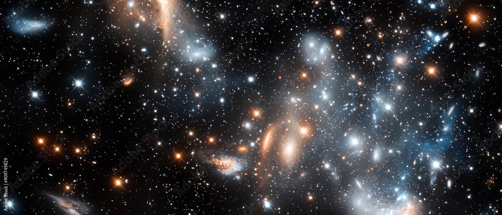 Overlay of galaxy star formations, on black background, Generative AI Overlay of galaxy star formations, on black background, Generative AI