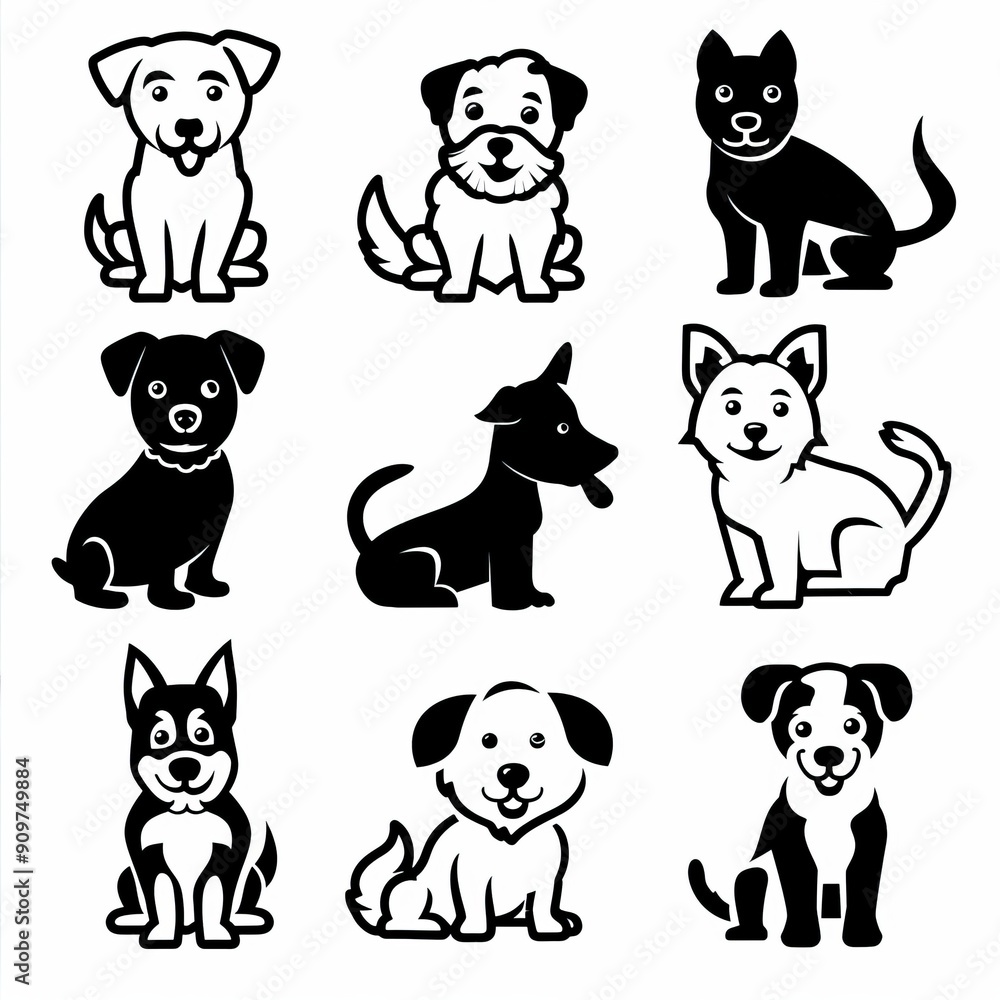 Cute dog icon set, pet animal flat silhouette, puppy icons, funny dog character pictogram, minimal woof sign Cute dog icon set, pet animal flat silhouette, puppy icons, funny dog character pictogram, minimal woof sign