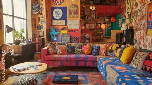 A living room adorned with maximalist decor, featuring a vivid combination of oversaturated colors, contrasting patterns, and an erratic layout with multiple overlapping shapes and bright photo