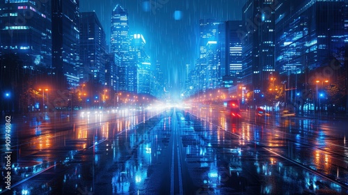 City Street at Night with Rain and Neon Lights