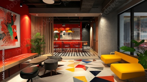 An office space designed in maximalist style, showcasing bold fonts, layered textures, and an unexpected color palette, with erratic layouts and overlapping shapes creating a dynamic environment