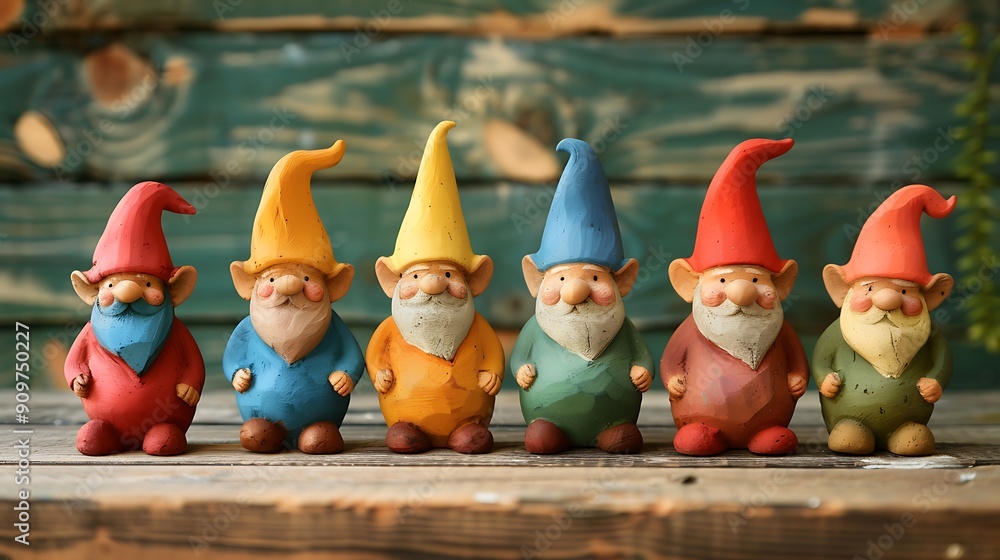 Φωτογραφία Line of seven colorful gnomes from child play clay on the table in the kids room